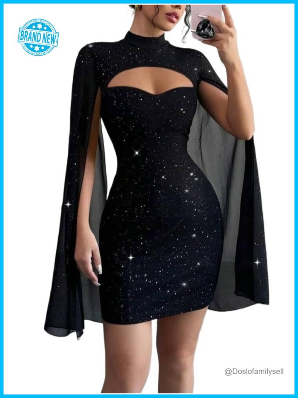 Sequin Cloak Sleeve Mock Neck Dress Cutout Party Cocktail Mini